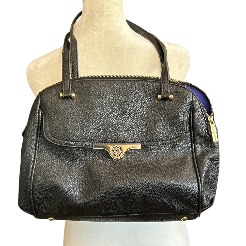 Anne Klein Purse Handbag Pebbled Leather Black Double Strap 2 Sections